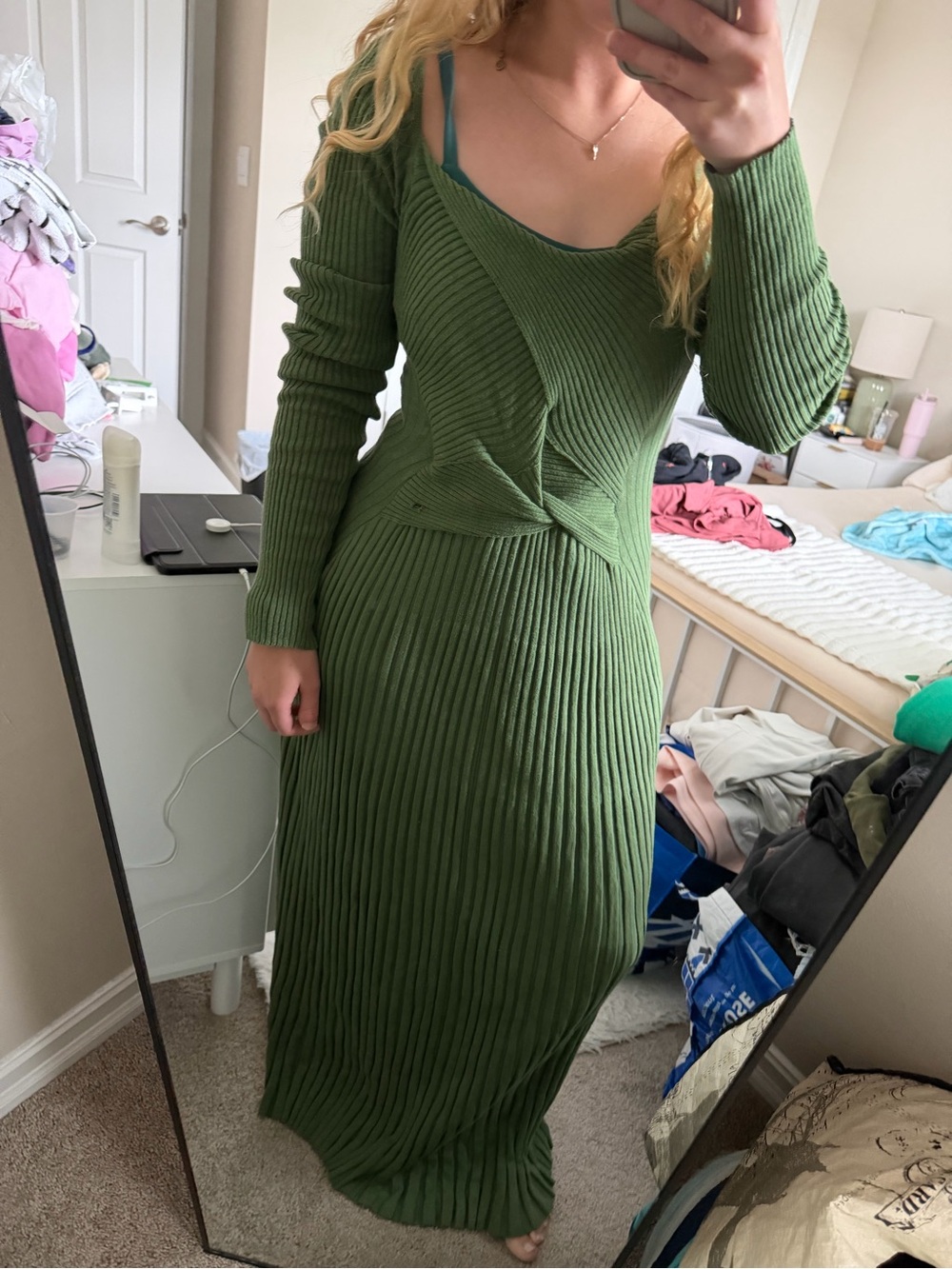 Free People Olive Green Long Sleeve Ribbed Twist-Front Maxi Dress - Picture 9 of 11